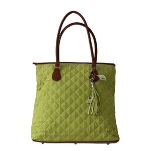 Coldwater Creek Tote Bag Purse Green Quilted Brown Leather Handles
